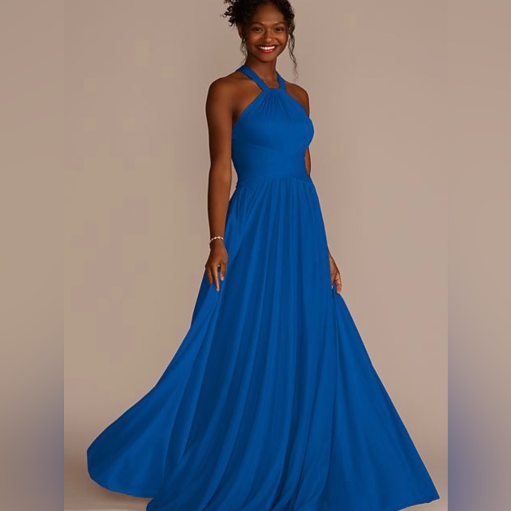 NWT High-neck Mesh Bridesmaid Dress with Full Skirt in Horizon Blue Size 6